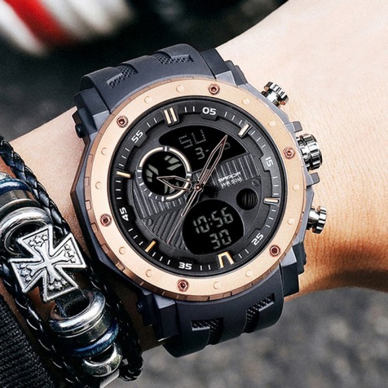 Мужские спортивные часы Sanda 6012 Black-Cuprum с комбинированным циферблатом и защитой 5 ATM