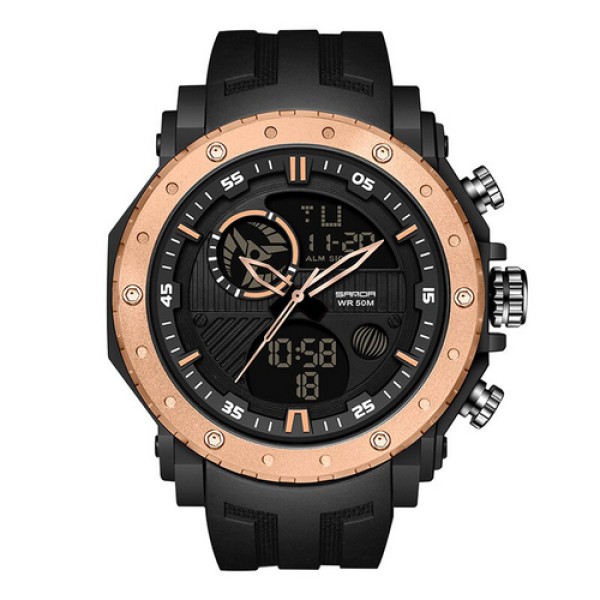 Мужские спортивные часы Sanda 6012 Black-Cuprum с комбинированным циферблатом и защитой 5 ATM