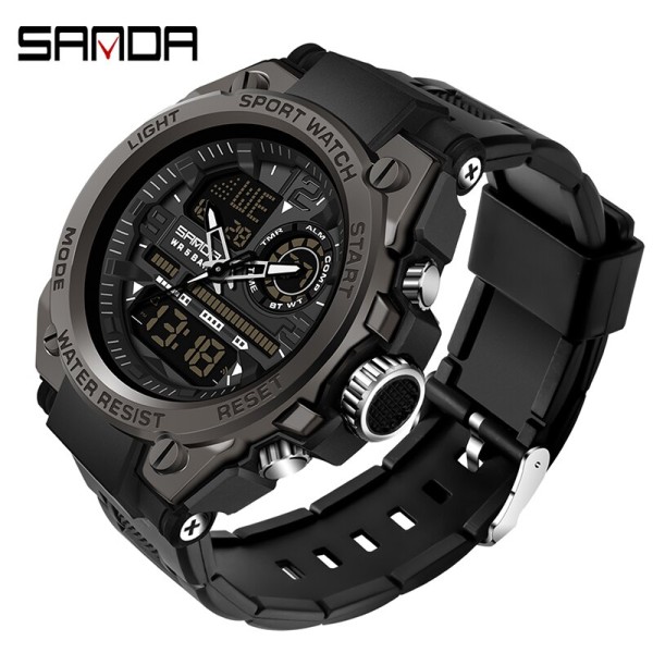 Мужские спортивные часы Sanda 6024 All Black с электронным механизмом и подсветкой