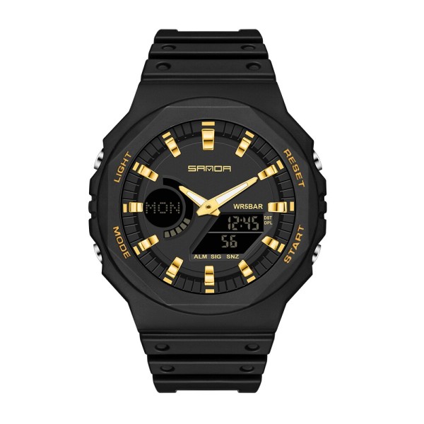 Мужские спортивные часы Sanda 6016 Black-Gold с комбинированным циферблатом и водозащитой 50м