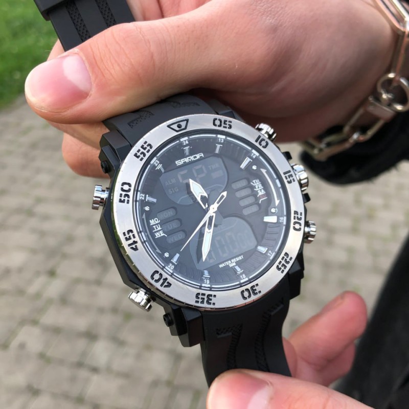 Мужские спортивные часы Sanda 6029 Black-Silver с комбинированным циферблатом и подсветкой