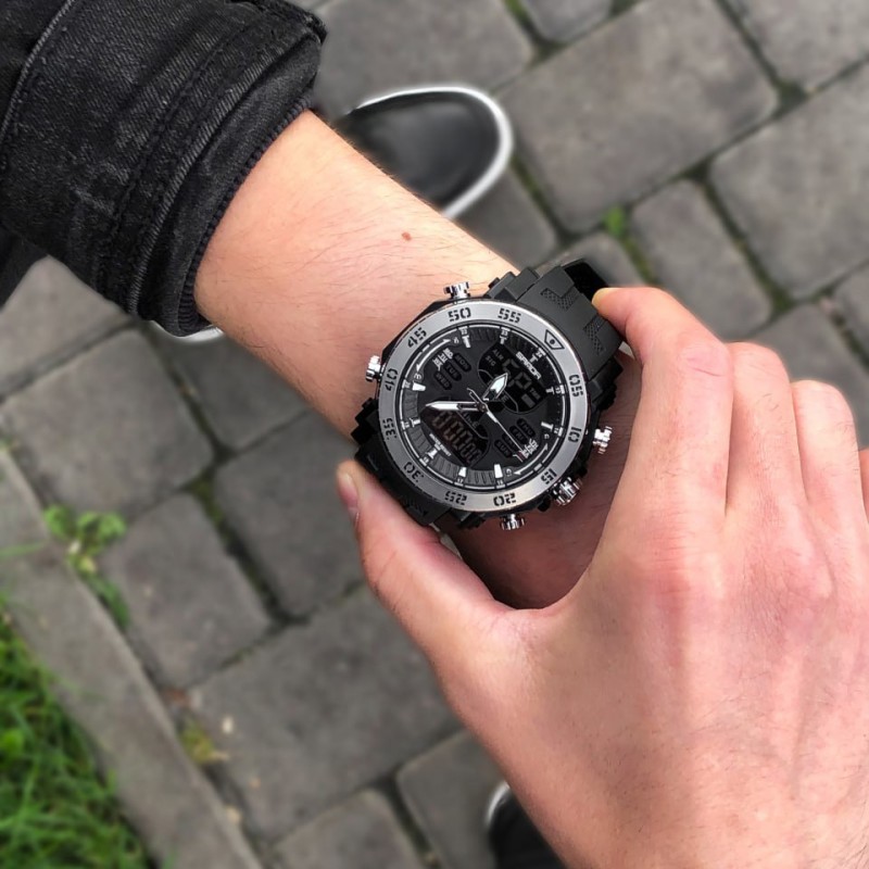 Мужские спортивные часы Sanda 6029 Black-Silver с комбинированным циферблатом и подсветкой