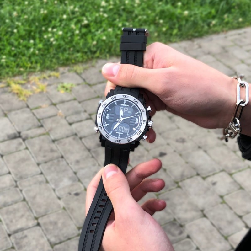Мужские спортивные часы Sanda 6029 Black-Silver с комбинированным циферблатом и подсветкой