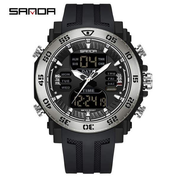 Мужские спортивные часы Sanda 6029 Black-Silver с комбинированным циферблатом и подсветкой