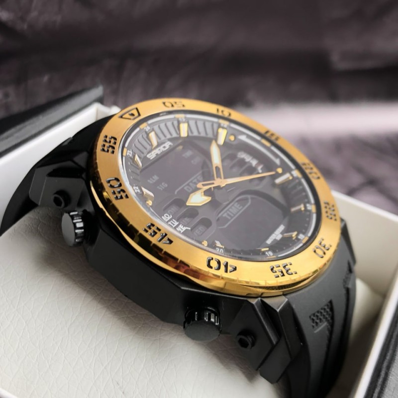 Мужские спортивные часы Sanda 6029 Black-Gold с комбинированным циферблатом и защитой 5 ATM