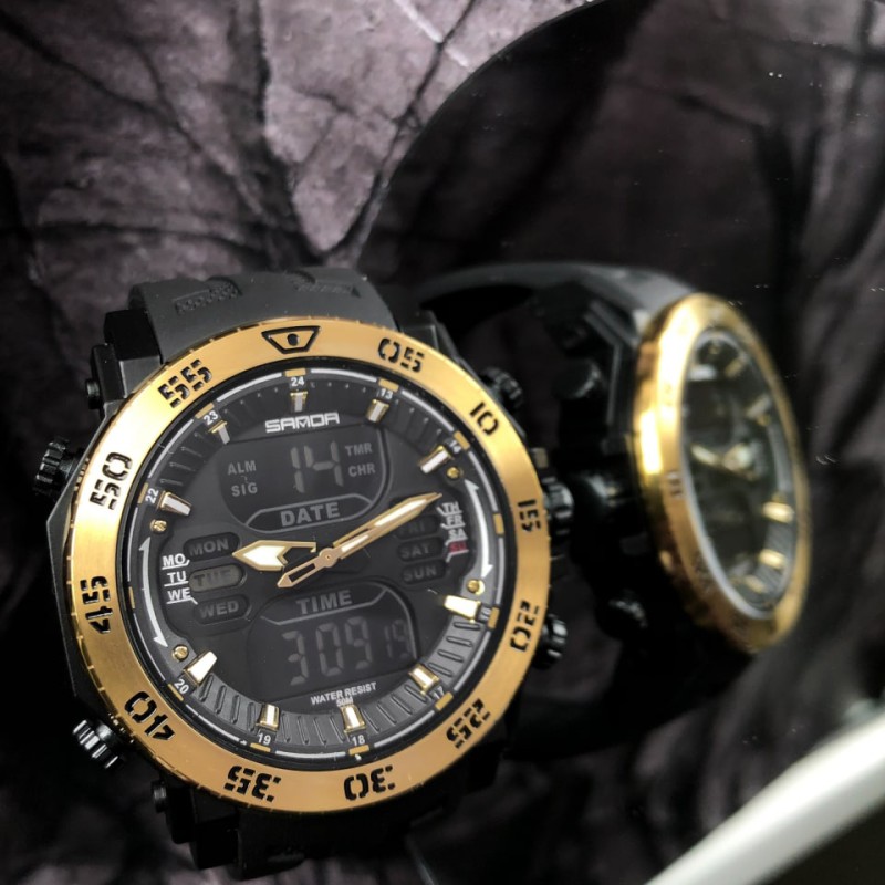 Мужские спортивные часы Sanda 6029 Black-Gold с комбинированным циферблатом и защитой 5 ATM