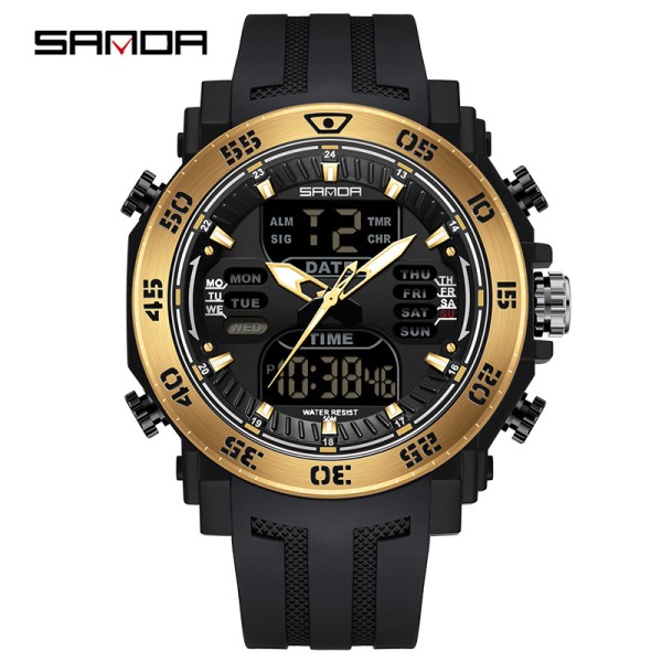 Мужские спортивные часы Sanda 6029 Black-Gold с комбинированным циферблатом и защитой 5 ATM