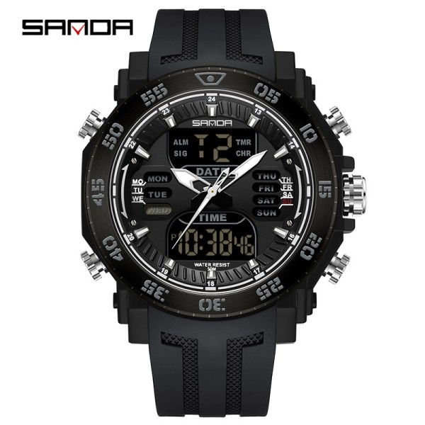 Мужские часы Sanda 6029 All Black тактические со стрелочно-электронным циферблатом и водозащитой 5 ATM
