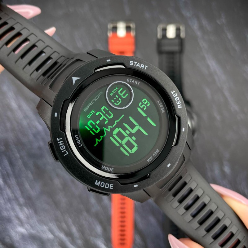 Мужские тактические часы Sanda 2125 All Black с водонепроницаемостью 5 ATM и подсветкой