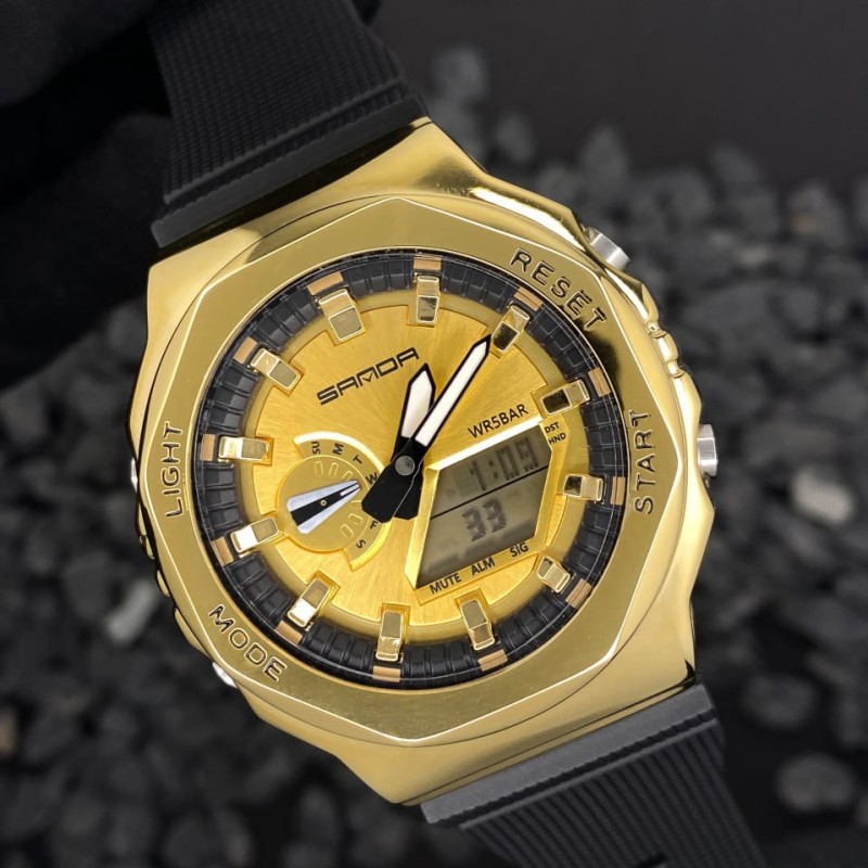 Мужские часы Sanda 3167 Gold — спортивные стрелочно-электронные с подсветкой и защитой 5 ATM