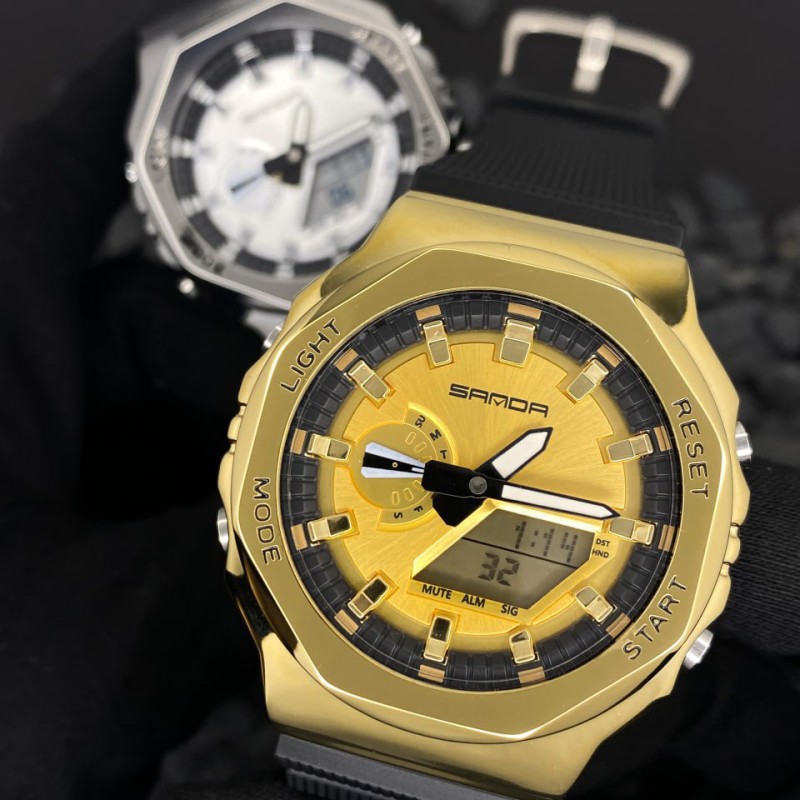 Мужские часы Sanda 3167 Gold — спортивные стрелочно-электронные с подсветкой и защитой 5 ATM