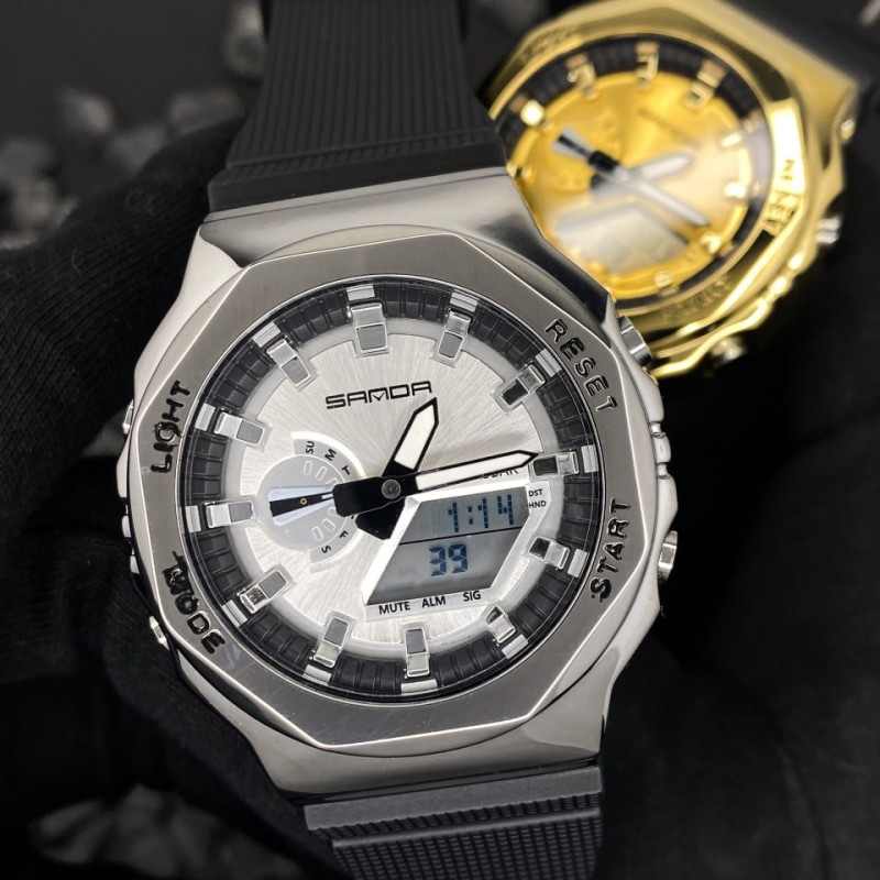 Мужские часы Sanda 3167 Gold — спортивные стрелочно-электронные с подсветкой и защитой 5 ATM