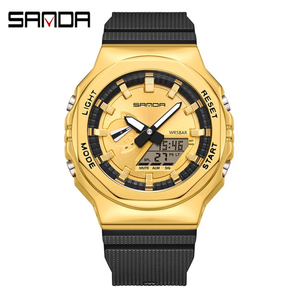 Мужские часы Sanda 3167 Gold — спортивные стрелочно-электронные с подсветкой и защитой 5 ATM