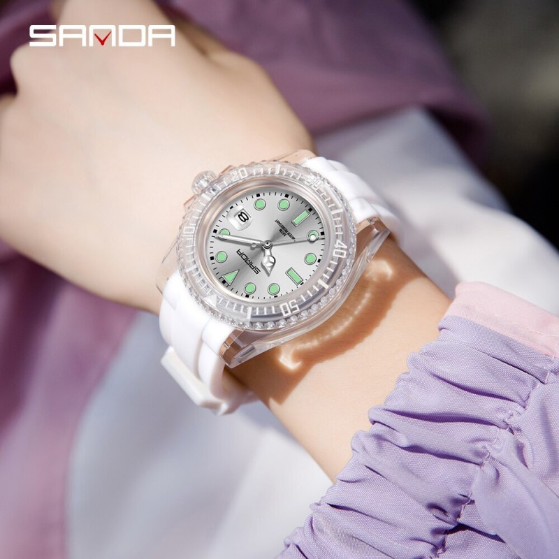 Женские наручные часы Sanda 9007 White в прозрачном корпусе с каучуковым ремешком