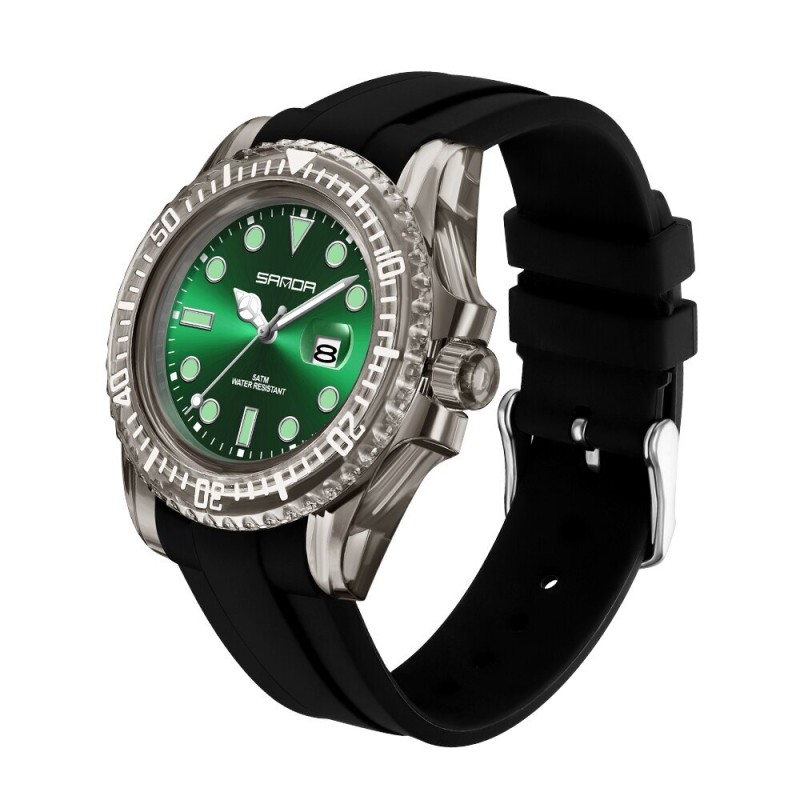 Женские часы Sanda 9007 Black-Green с зеленым циферблатом и каучуковым ремешком