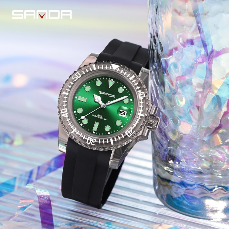 Женские часы Sanda 9007 Black-Green с зеленым циферблатом и каучуковым ремешком