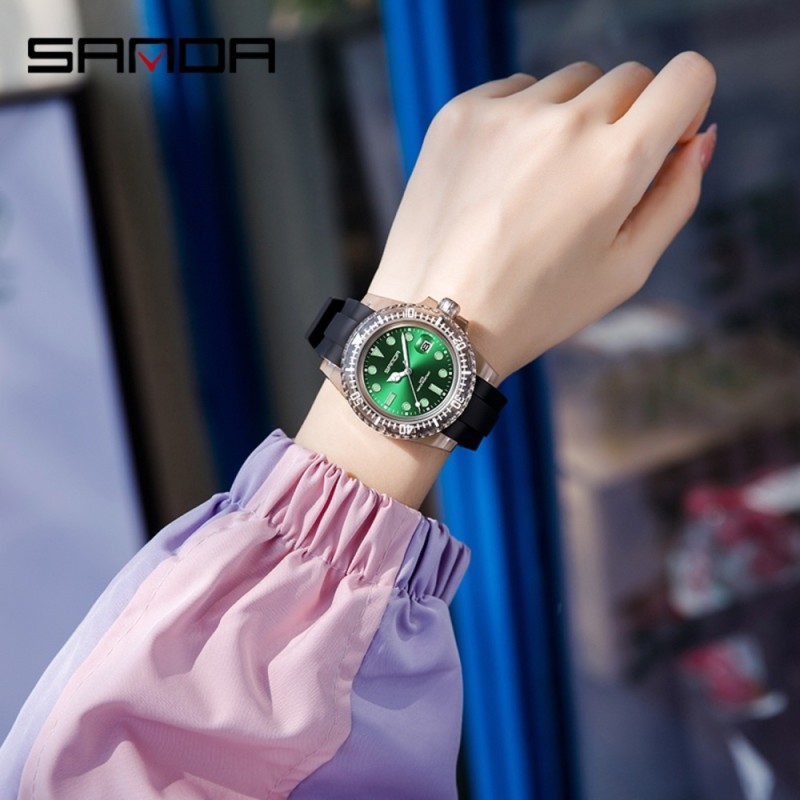 Женские часы Sanda 9007 Black-Green с зеленым циферблатом и каучуковым ремешком