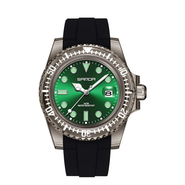 Женские часы Sanda 9007 Black-Green с зеленым циферблатом и каучуковым ремешком