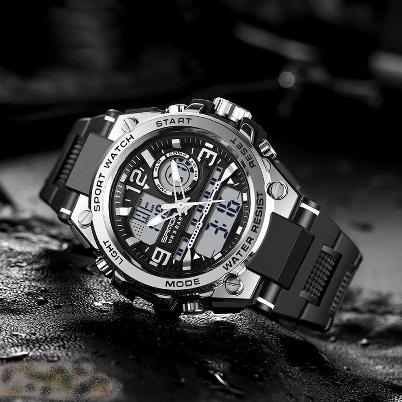 Мужские спортивные часы Sanda 6024 Black-Silver с комбинированным циферблатом и защитой 50 м