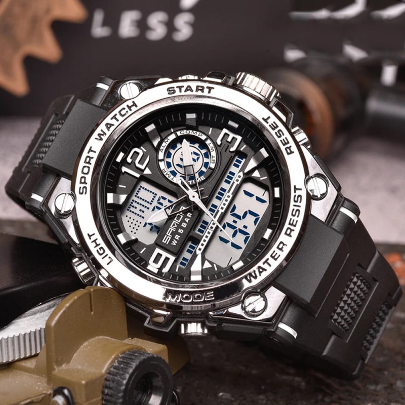 Мужские спортивные часы Sanda 6024 Black-Silver с комбинированным циферблатом и защитой 50 м