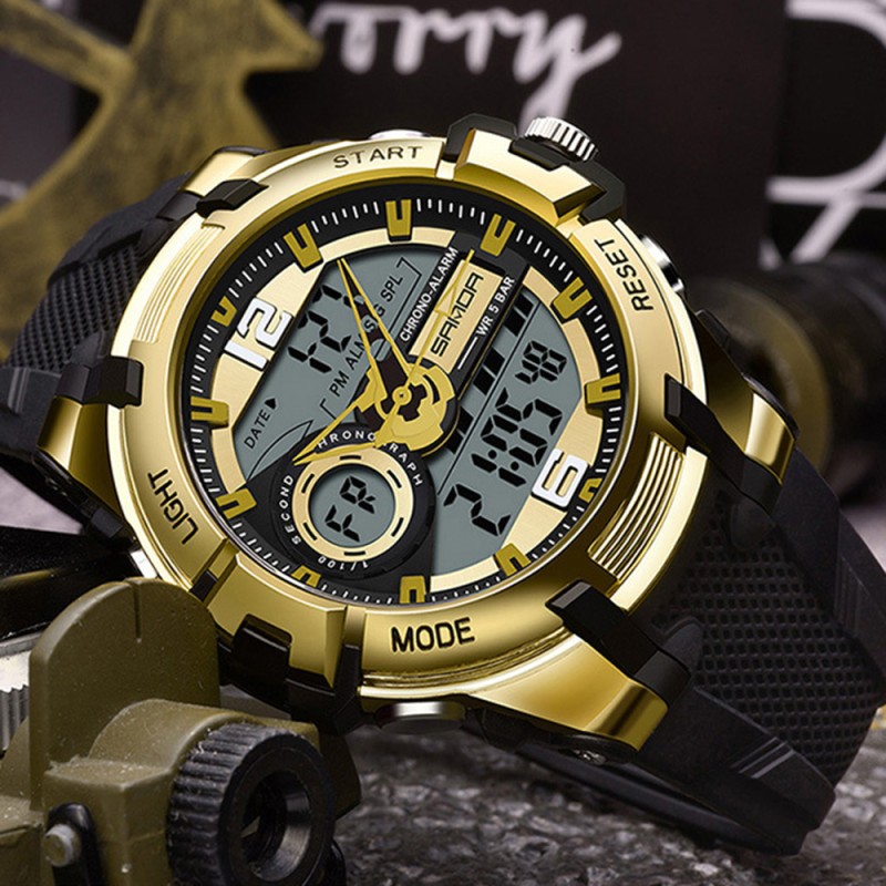 Мужские спортивные часы Sanda 6015 Black-Gold с комбинированным циферблатом и водозащитой 5 ATM