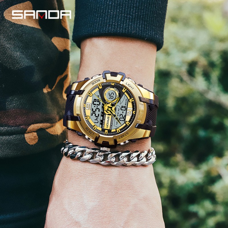 Мужские спортивные часы Sanda 6015 Black-Gold с комбинированным циферблатом и водозащитой 5 ATM