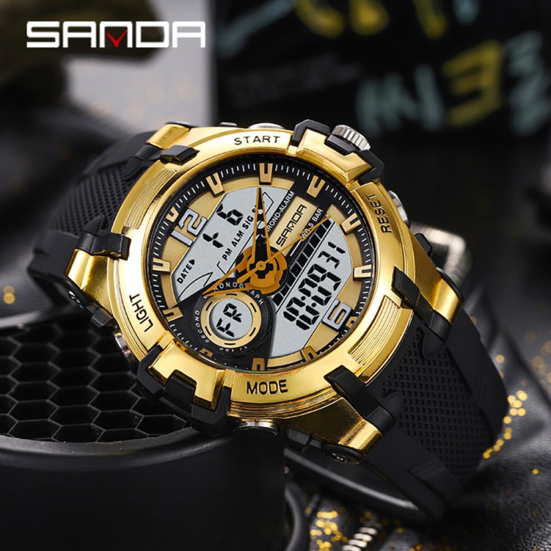 Мужские спортивные часы Sanda 6015 Black-Gold с комбинированным циферблатом и водозащитой 5 ATM
