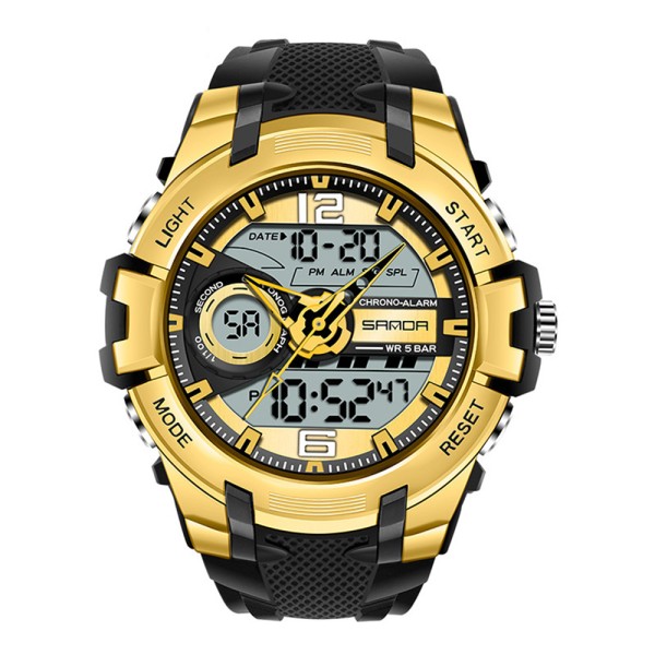 Мужские спортивные часы Sanda 6015 Black-Gold с комбинированным циферблатом и водозащитой 5 ATM