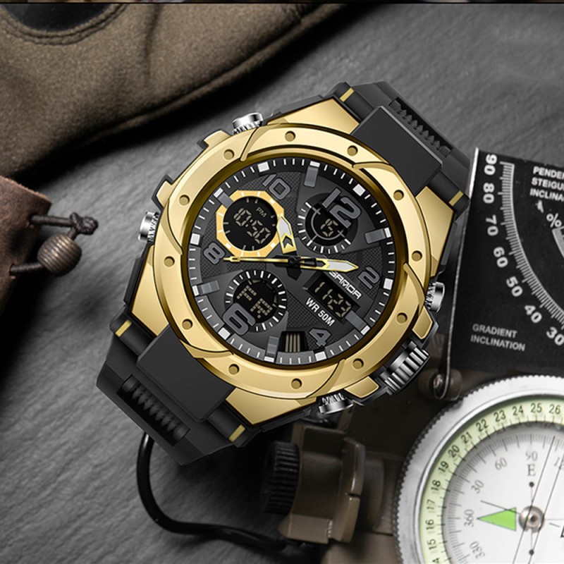 Мужские спортивные часы Sanda 6008 Black-Gold с электронным механизмом и защитой 50 м