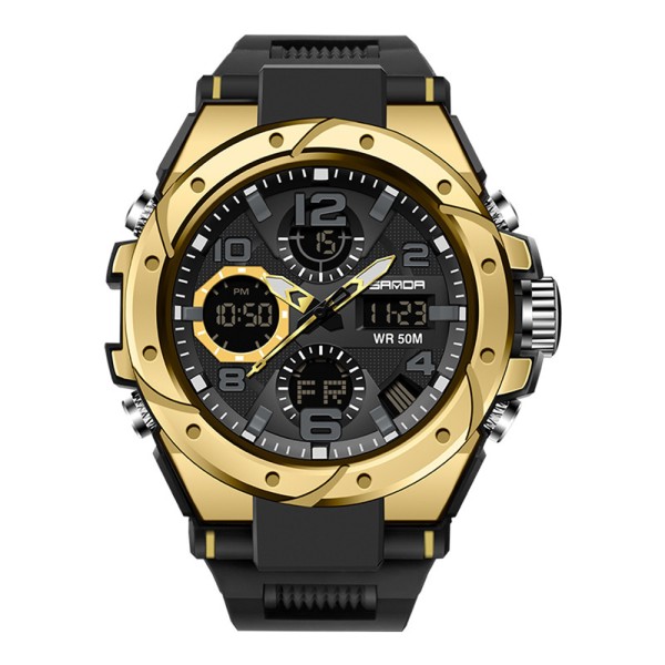 Мужские спортивные часы Sanda 6008 Black-Gold с электронным механизмом и защитой 50 м