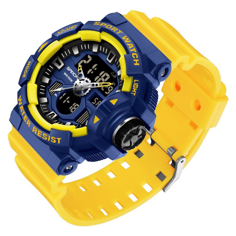 Мужские спортивные часы Sanda 3129 Yellow Blue с комбинированным циферблатом и подсветкой