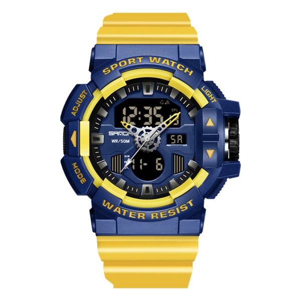 Мужские спортивные часы Sanda 3129 Yellow Blue с комбинированным циферблатом и подсветкой