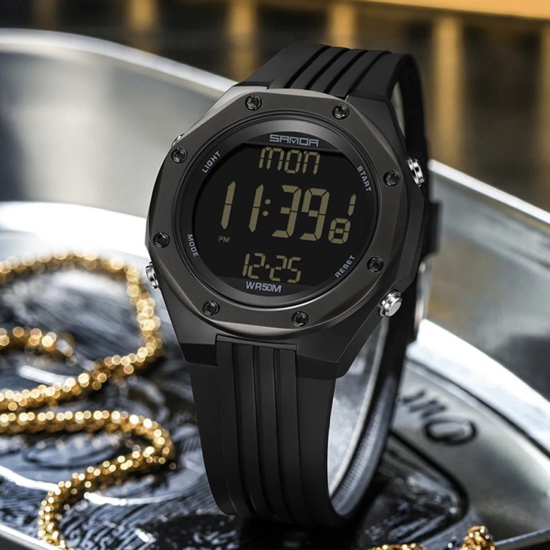 Мужские спортивные часы Sanda 6093 All Black с электронным механизмом и водозащитой 50м