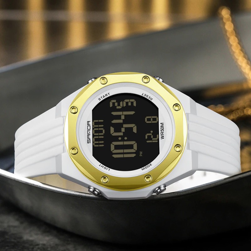 Мужские спортивные часы Sanda 6093 White-Gold с электронным циферблатом и подсветкой