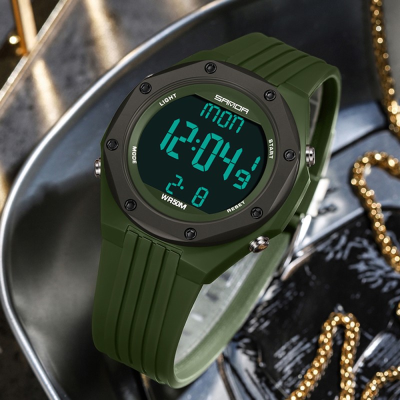 Мужские тактические часы Sanda 6093 Army Green с электронным циферблатом и подсветкой