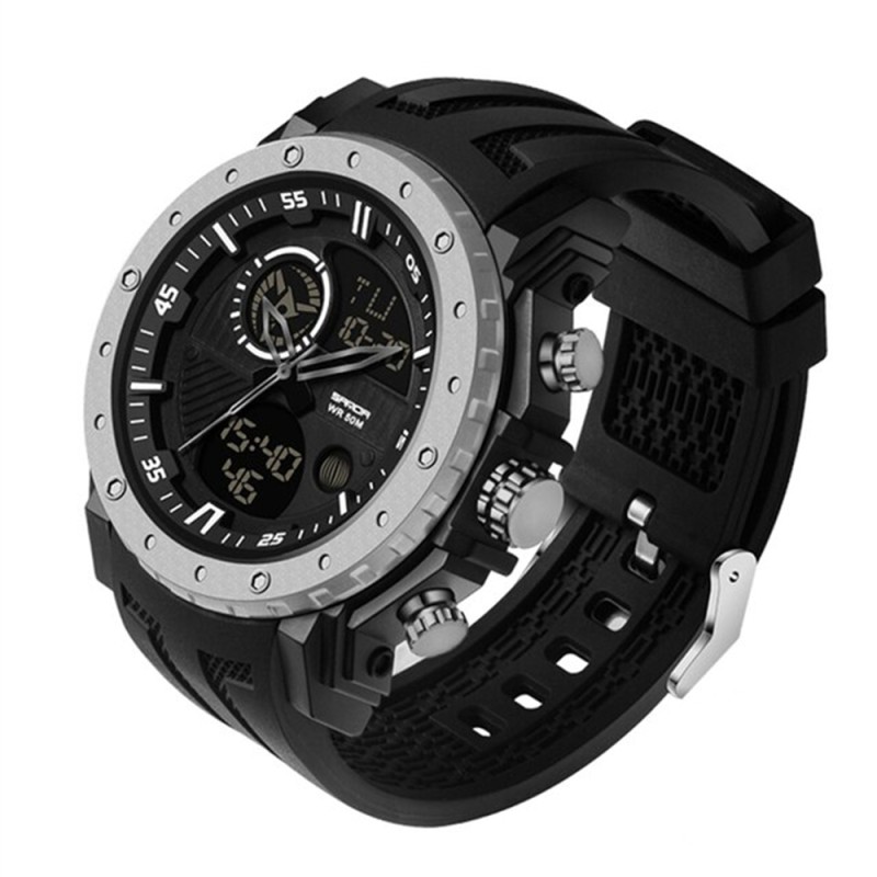 Мужские спортивные часы Sanda 6012 Black-Silver с комбинированным циферблатом и водозащитой 5 ATM