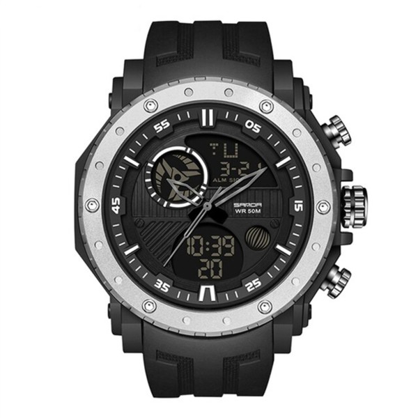 Мужские спортивные часы Sanda 6012 Black-Silver с комбинированным циферблатом и водозащитой 5 ATM