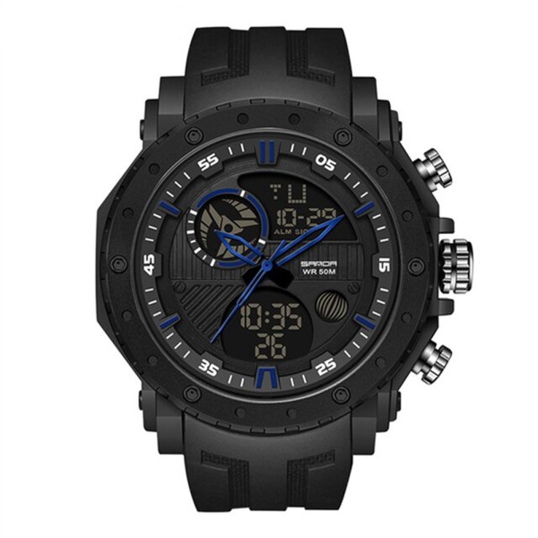 Мужские тактические часы Sanda 6012 Black-Blue с комбинированным циферблатом и подсветкой