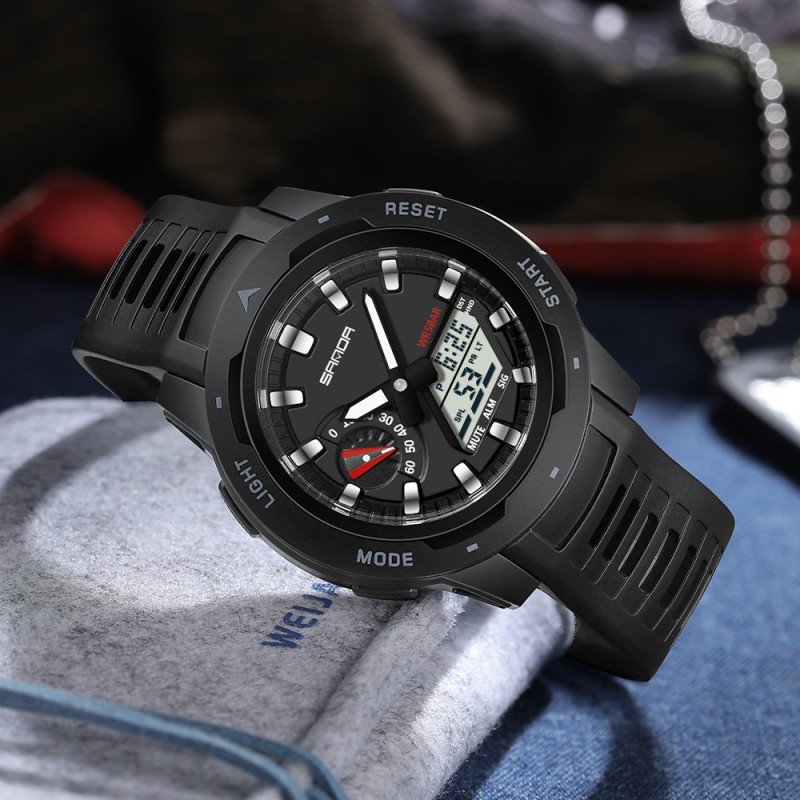 Мужские тактические часы Sanda 3360 Black White с комбинированным циферблатом и водозащитой 5 ATM