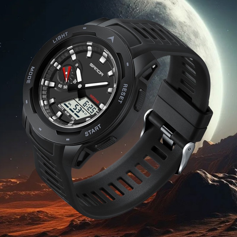 Мужские тактические часы Sanda 3360 Black White с комбинированным циферблатом и водозащитой 5 ATM