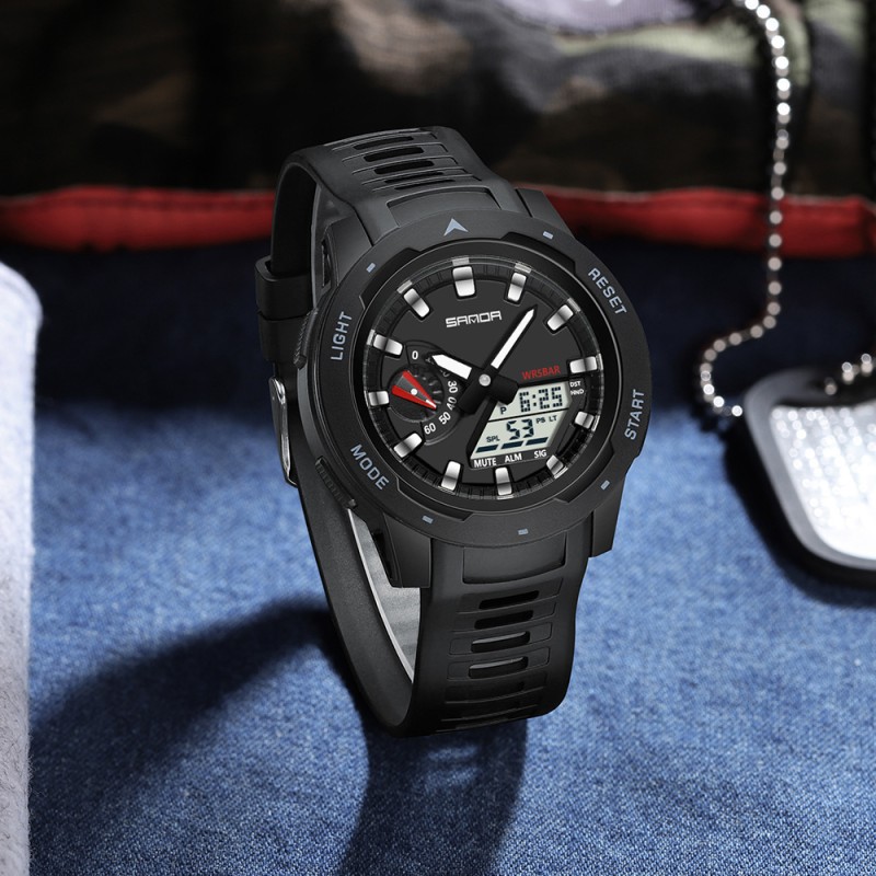 Мужские тактические часы Sanda 3360 Black White с комбинированным циферблатом и водозащитой 5 ATM