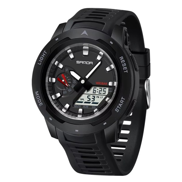 Мужские тактические часы Sanda 3360 Black White с комбинированным циферблатом и водозащитой 5 ATM