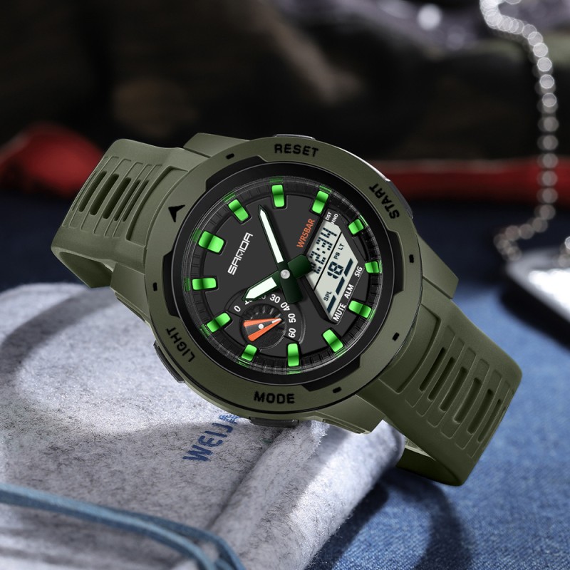 Мужские тактические часы Sanda 3360 Army Green с комбинированным циферблатом и подсветкой