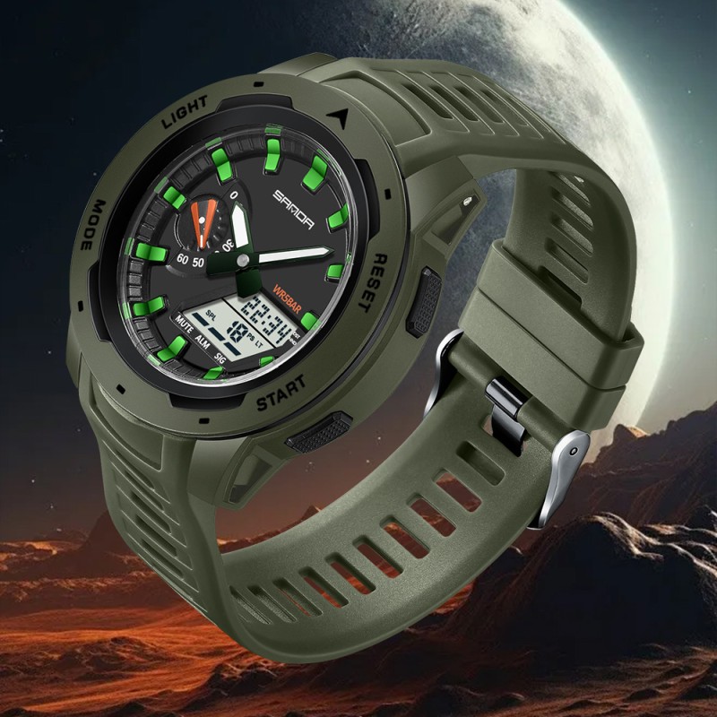 Мужские тактические часы Sanda 3360 Army Green с комбинированным циферблатом и подсветкой