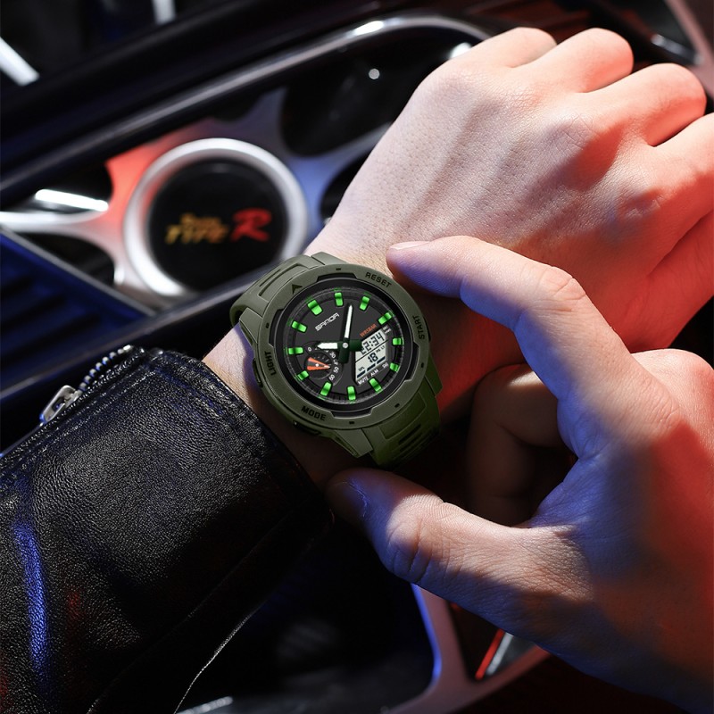 Мужские тактические часы Sanda 3360 Army Green с комбинированным циферблатом и подсветкой