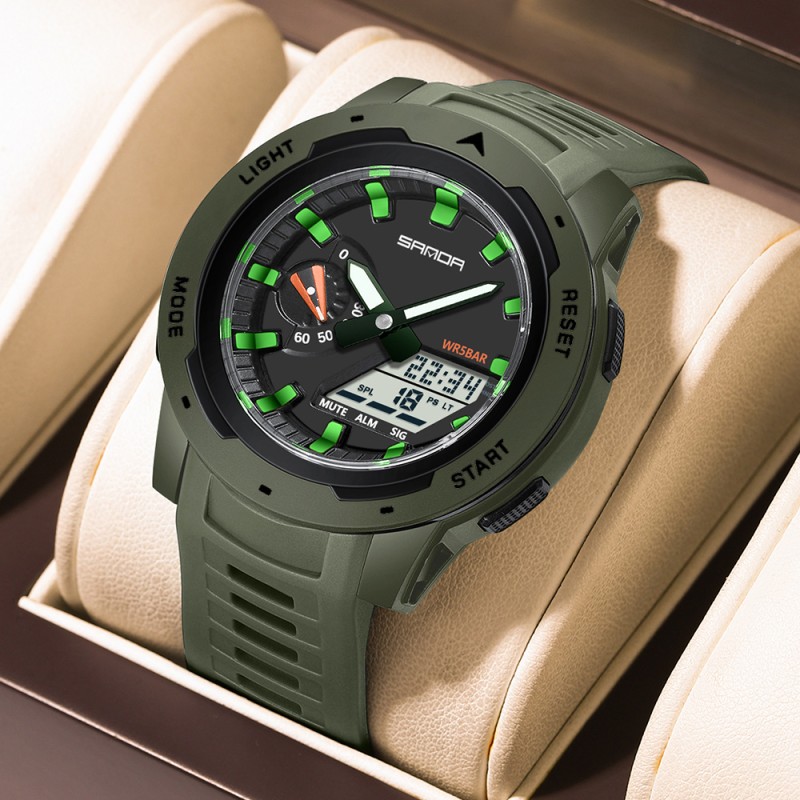 Мужские тактические часы Sanda 3360 Army Green с комбинированным циферблатом и подсветкой