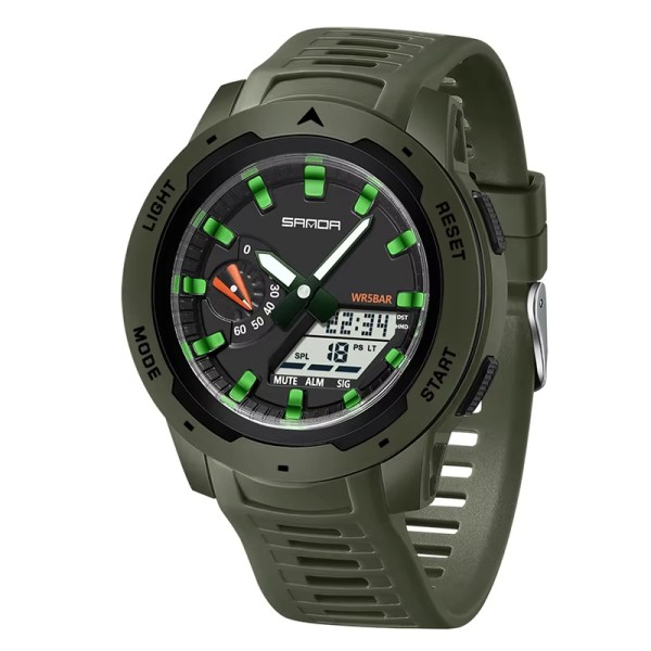 Мужские тактические часы Sanda 3360 Army Green с комбинированным циферблатом и подсветкой