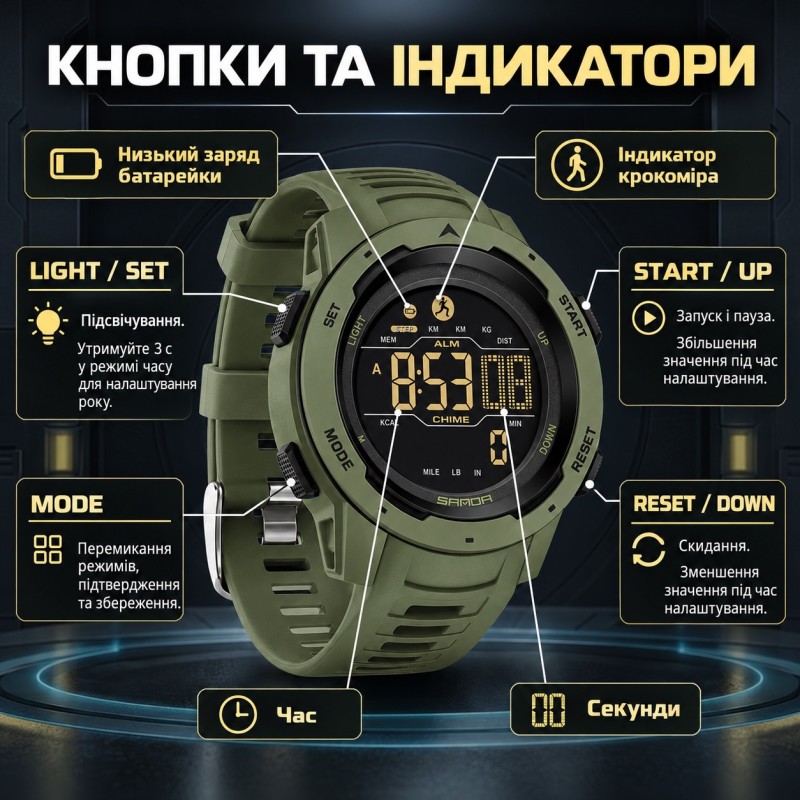 Тактические спортивные часы Sanda 2145 Green с электронным циферблатом и водонепроницаемостью 5 ATM
