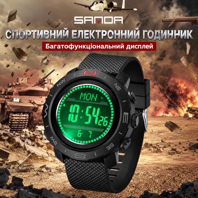 Тактические мужские часы Sanda 5106 Black-Silver с водонепроницаемостью 5 ATM и подсветкой