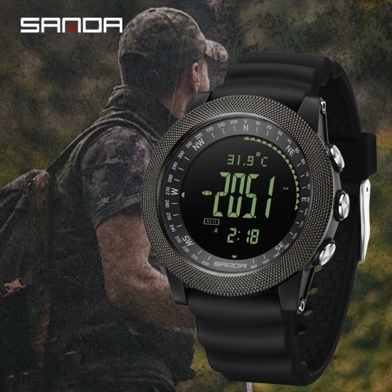 Тактические часы Sanda 6369 Silicone All Black с электронным циферблатом и водозащитой 5 ATM